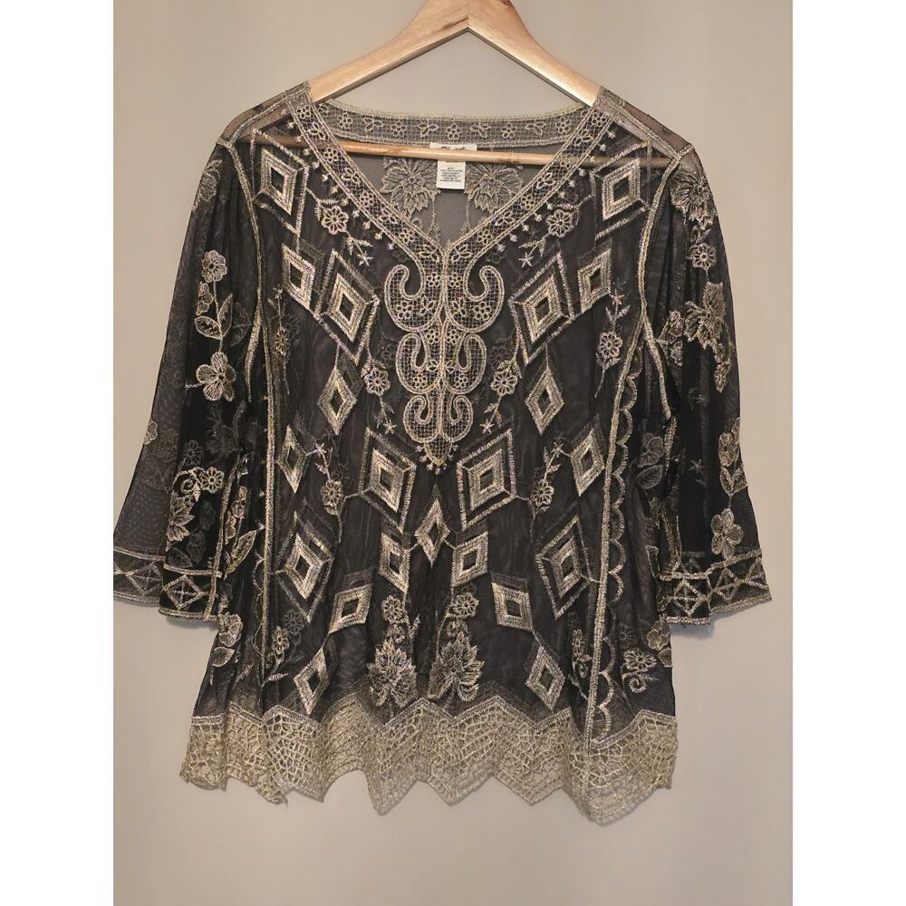 Ethereal Fairycore Goth Black Mesh Embroidered Metallic Lace Size XL Unbranded